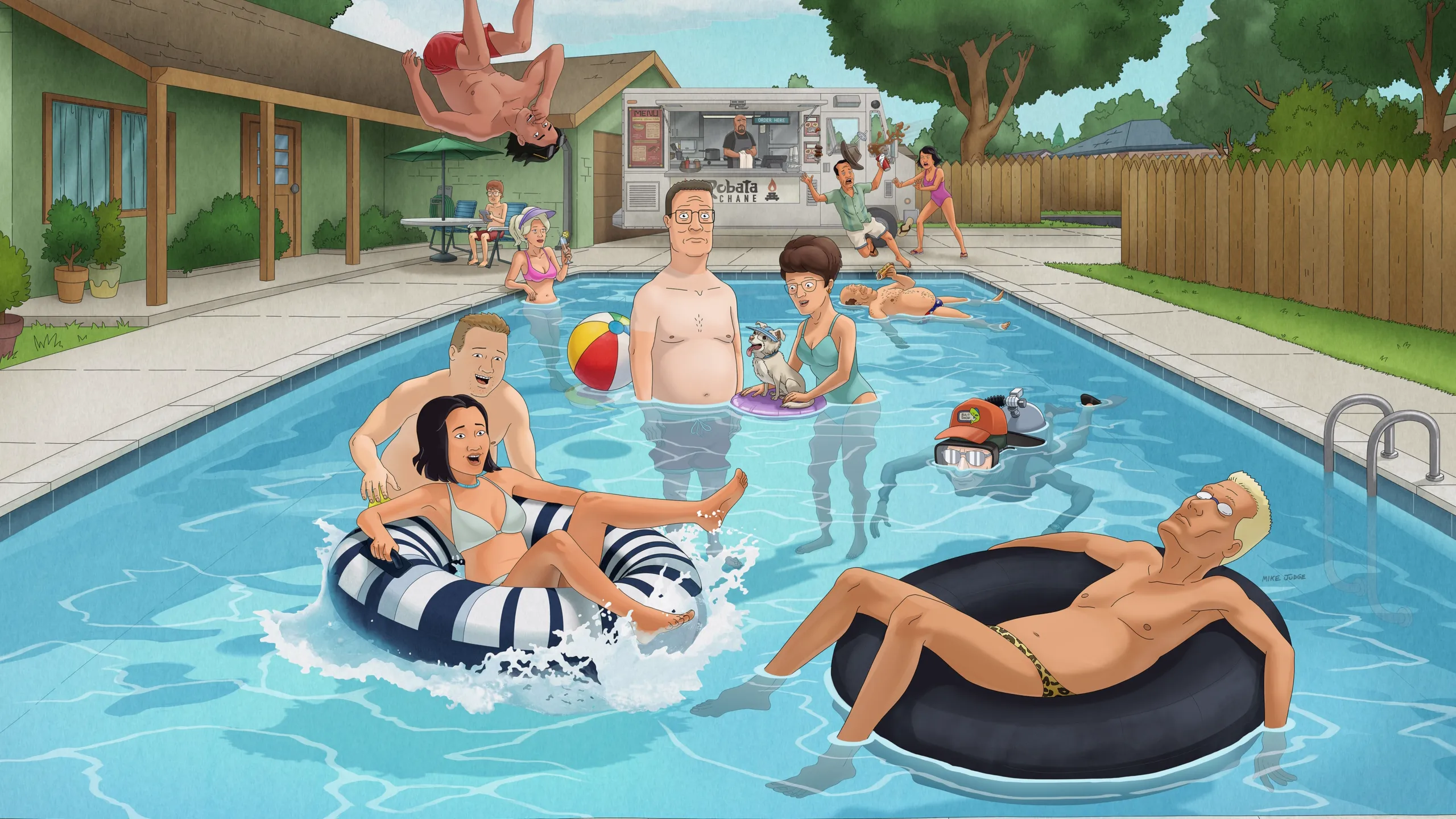 Hank and Peggy Hill in a pool, surrounded by their neighbours