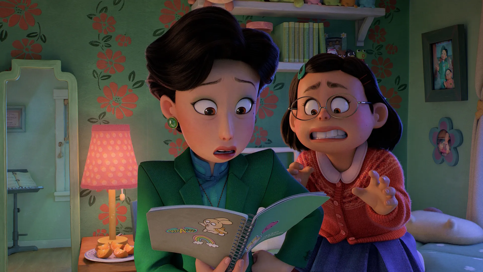 This image shows a pivotal scene from the 2022 Pixar animated film Turning Red, featuring the characters Mei Lee and her mother, Ming Lee. 