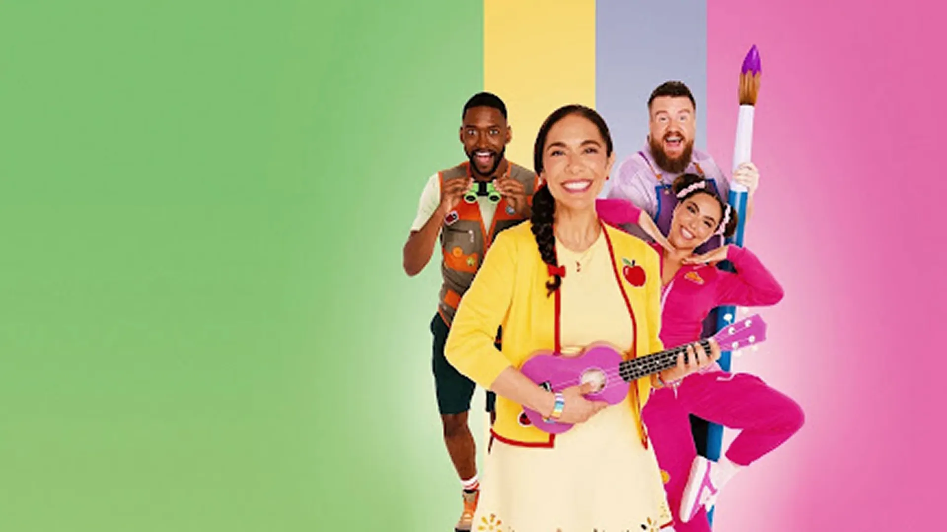 An official promotional cast photo for the live-action CoComelon spin-off series CoComelon: The Melon Patch, featuring Ms. Appleberry standing center playing a purple ukulele while flanked by her fellow teachers Mr. Acorn, Mr. Doodad, and Ms. Twist holding a giant paintbrush against a colorful, segmented background