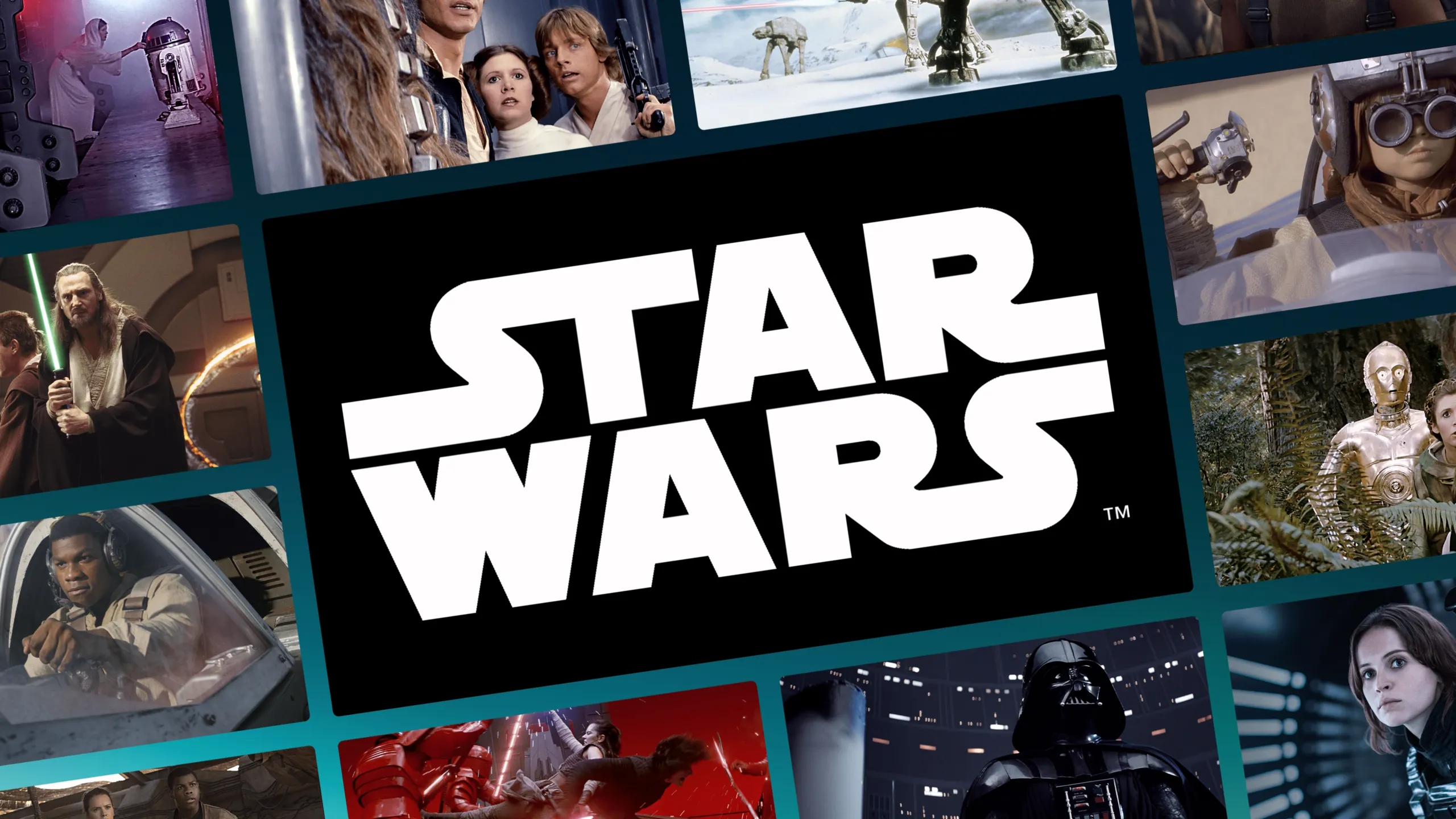 A collage of images from multiple Star Wars movies, with the Star Wars logo in the middle