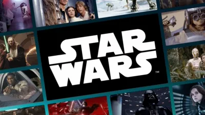 A collage of images from multiple Star Wars movies, with the Star Wars logo in the middle