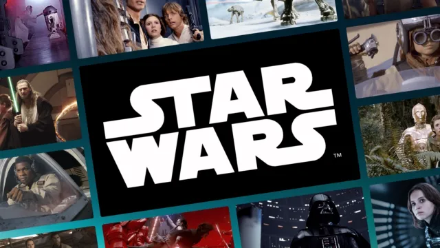 A collage of images from multiple Star Wars movies, with the Star Wars logo in the middle