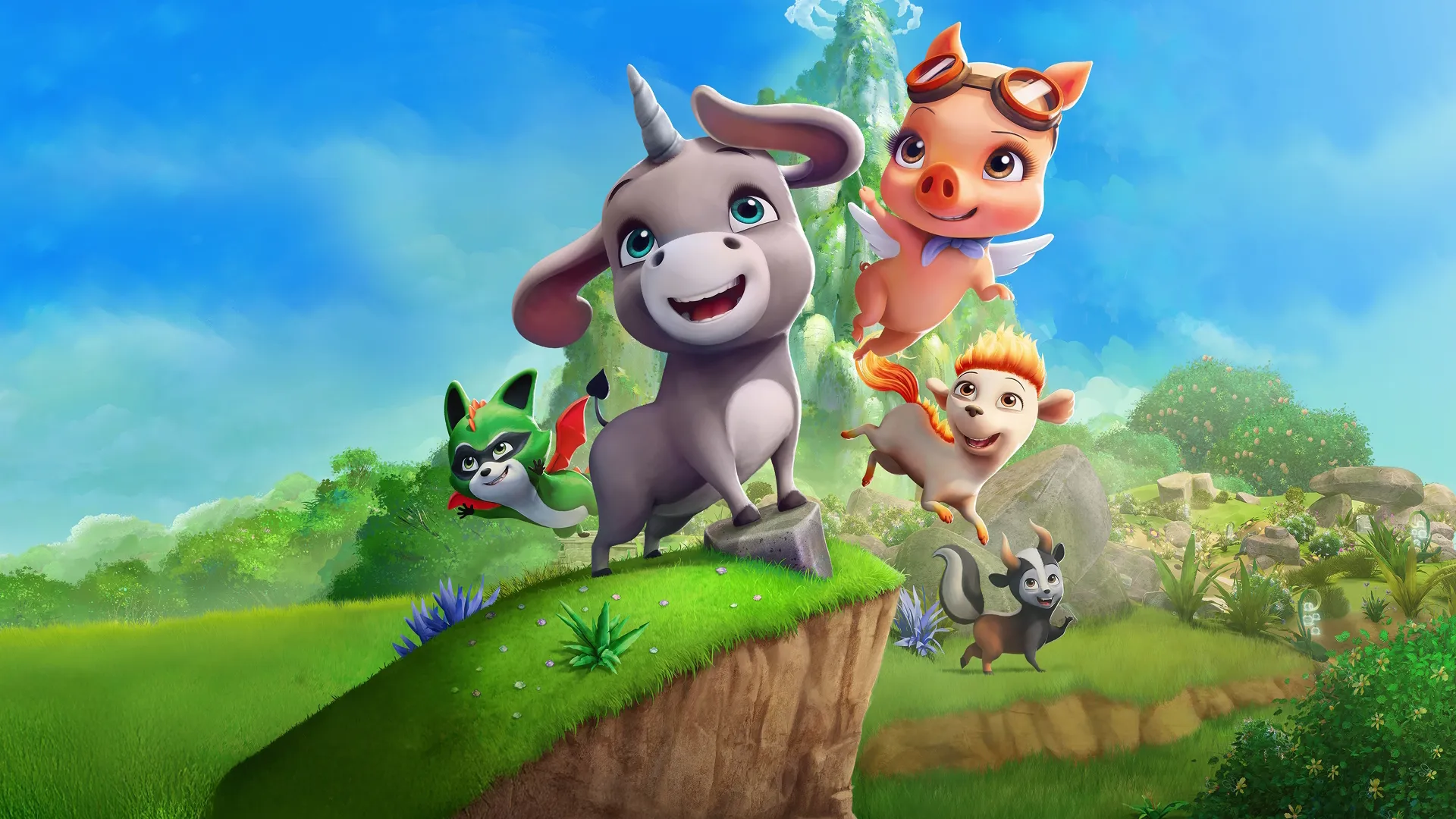 A colorful promotional poster for the Disney Junior animated series Magicampers featuring the main character Loomis, a grey donkey-unicorn hybrid, standing proudly on a rocky, grassy cliff alongside friends like Darly, a flying pink pig-Pegasus, and Dracoon, a green raccoon-dragon, all set against a rolling green landscape and a clear blue sky.