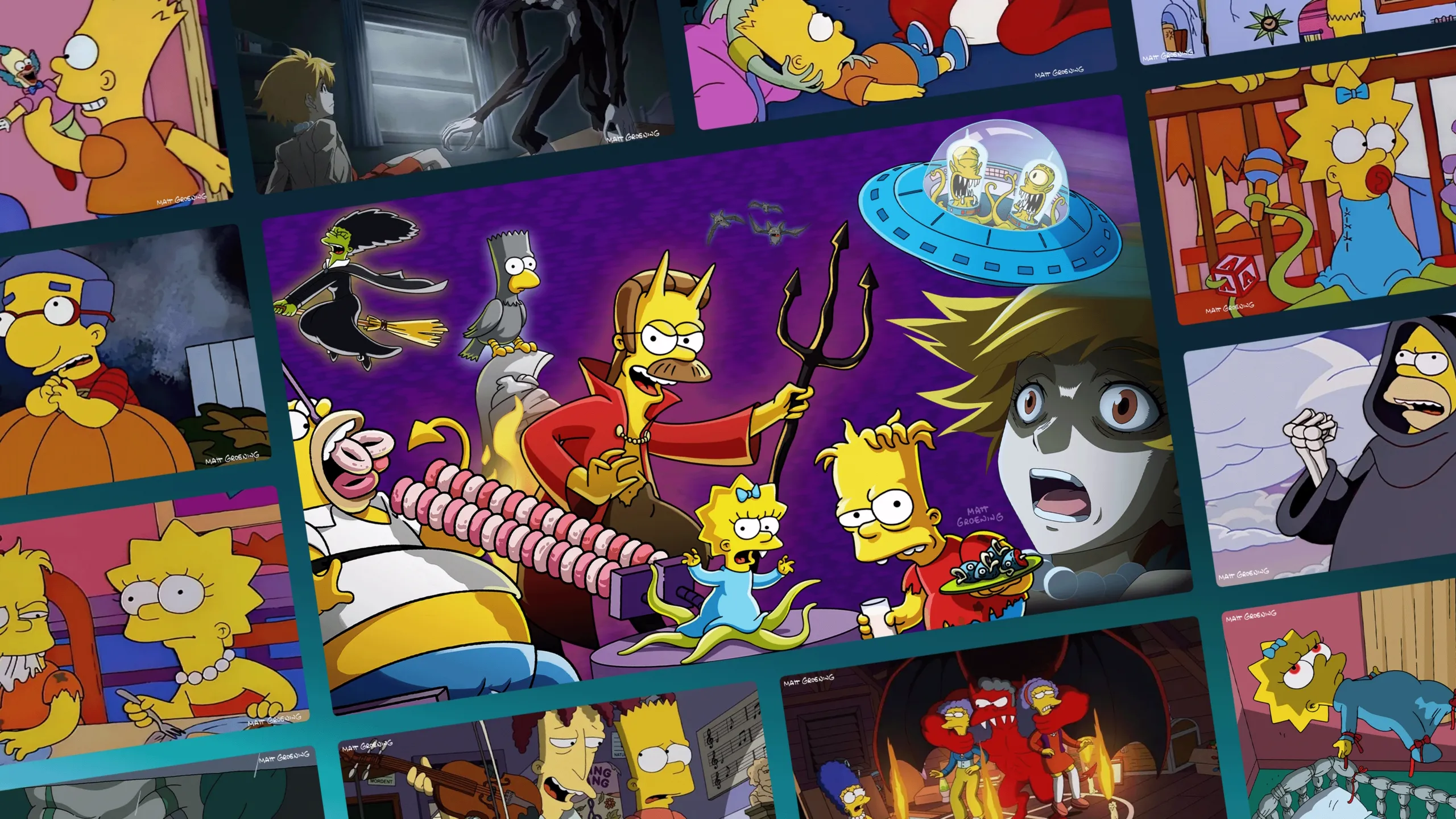 A collage of various "Treehouse of Horror" episodes from The Simpsons, featuring a large central image of Ned Flanders as the Devil surrounded by smaller, tilted rectangular screenshots of classic Halloween segments.