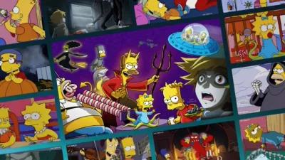 A collage of various "Treehouse of Horror" episodes from The Simpsons, featuring a large central image of Ned Flanders as the Devil surrounded by smaller, tilted rectangular screenshots of classic Halloween segments.