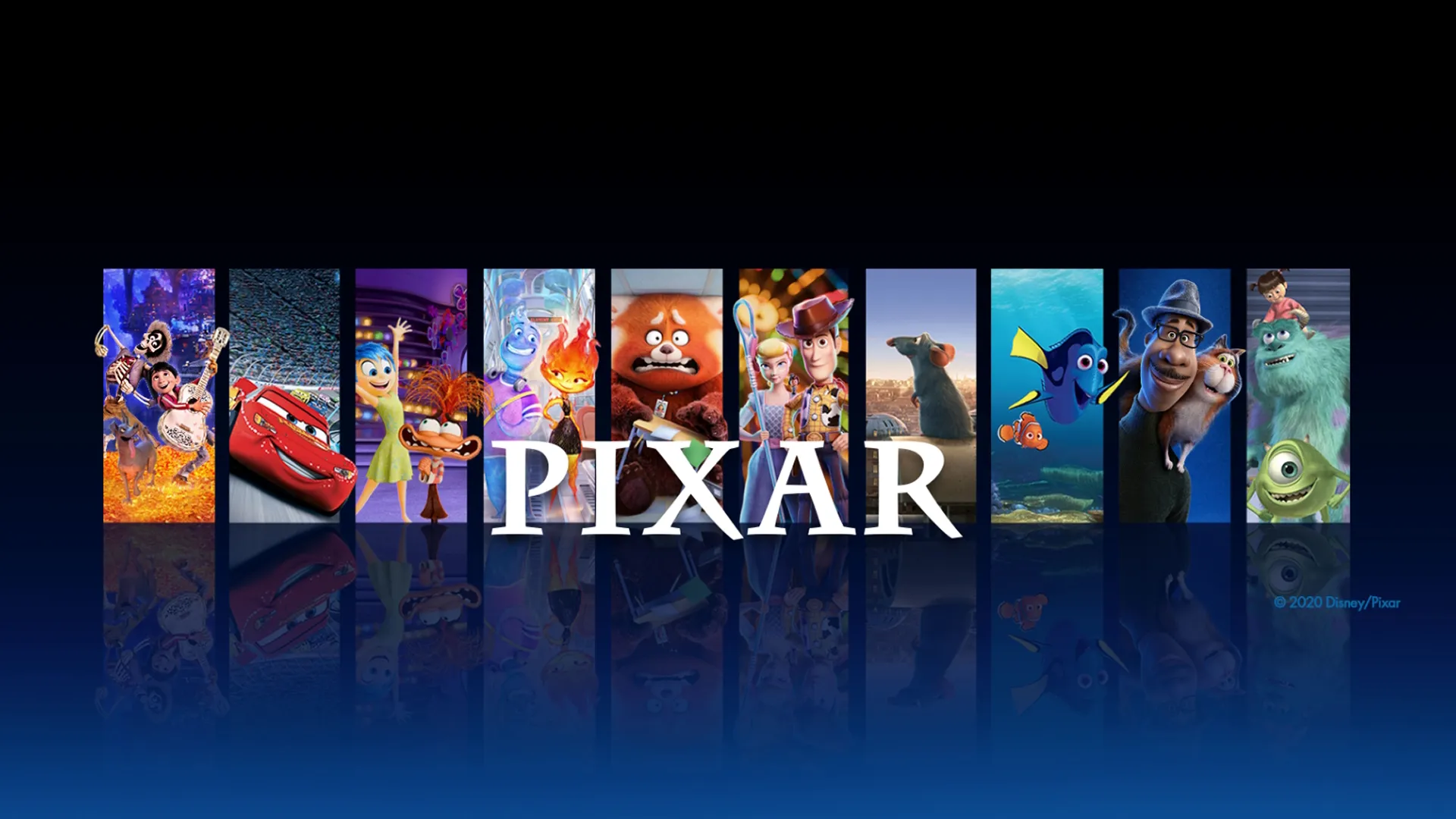 Lineup of Pixar titles including Coco, Cars, Inside Out, Elemental, Turning Red, Toy Story 4, Ratatouille, Finding Dory, Soul, including Monsters Inc.