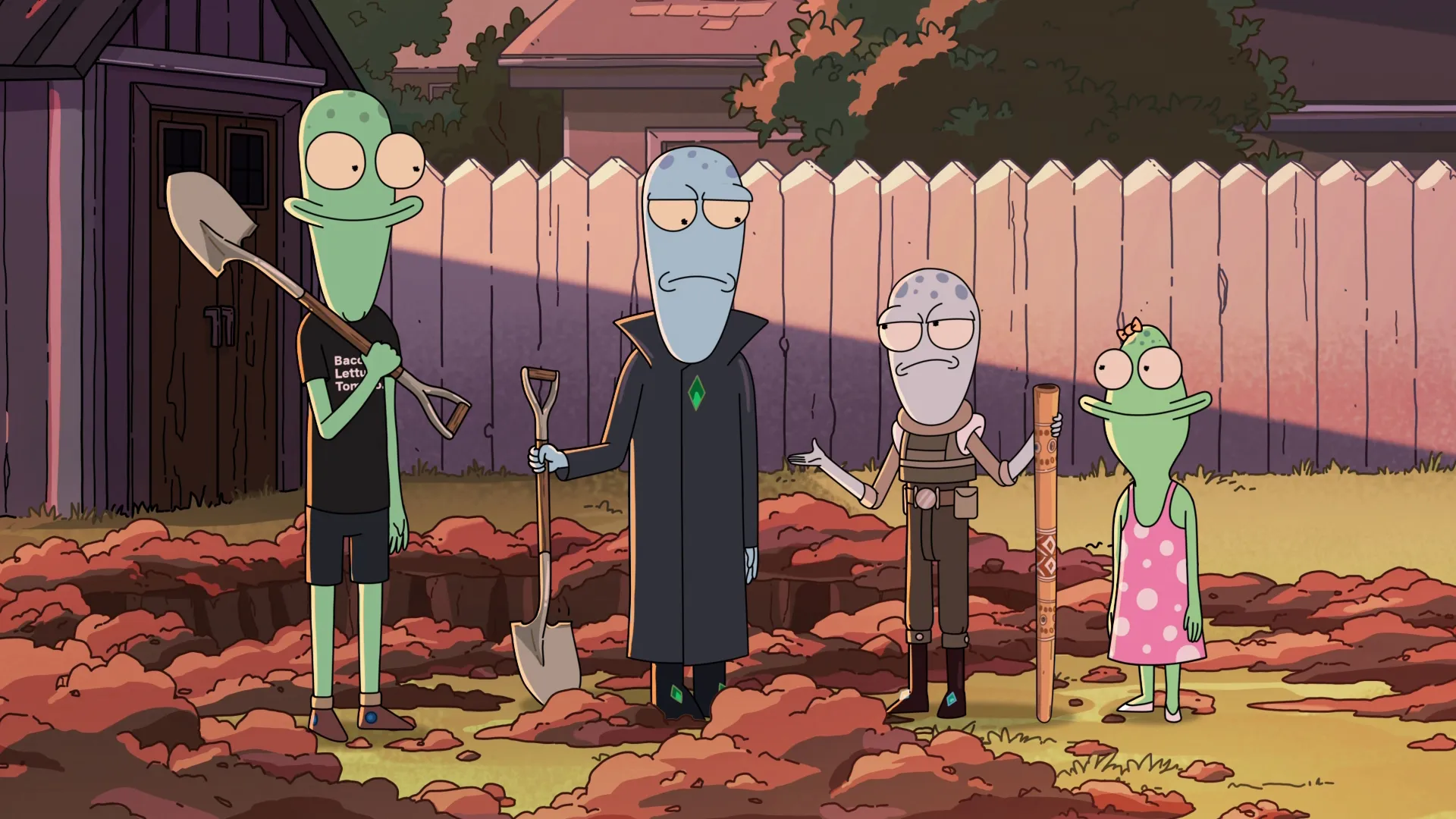 A group of animated aliens stand in a yard digging a hole