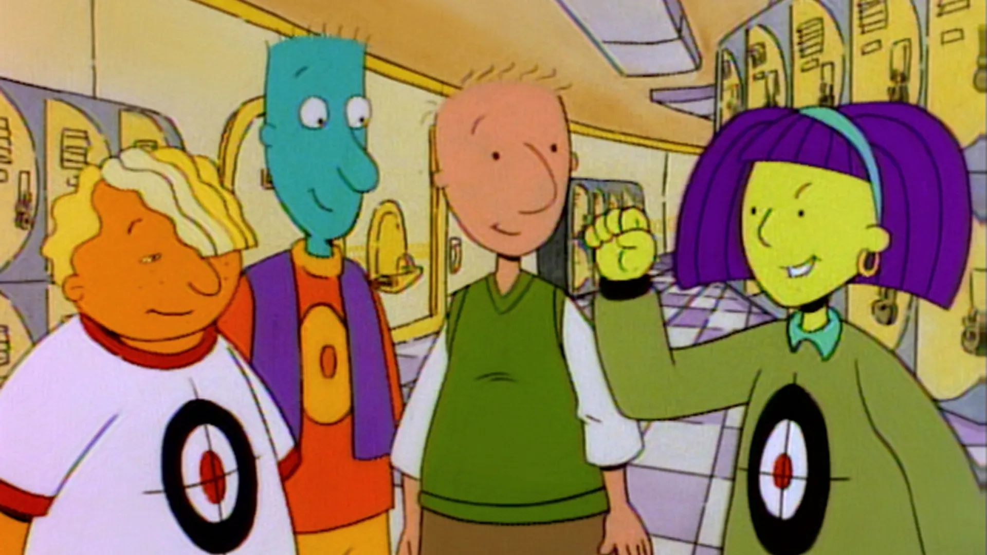 Four main characters from the 1990s animated series Doug, including Skeeter Valentine and Doug Funnie, standing in a school hallway corridor.