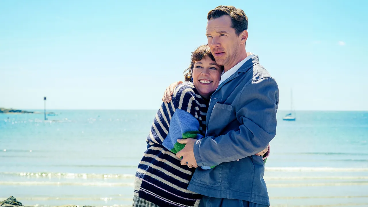 Actors Olivia Colman and Benedict Cumberbatch in a promotional photo for their film, The Roses, Disney+