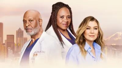 A promotional image featuring Richard Webber (James Pickens Jr.), Miranda Bailey (Chandra Wilson), and Meredith Grey (Ellen Pompeo).