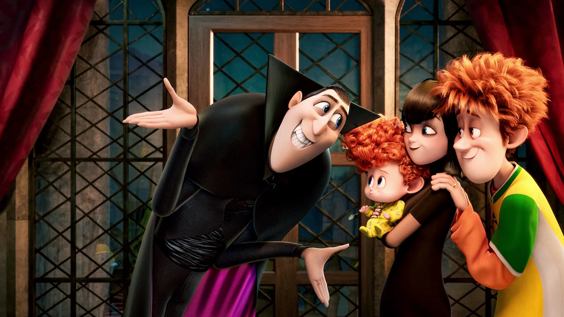 Dracula with his daughter Mavis, grandson Dennis and son-in-law Johnny in Hotel Transylvania 2