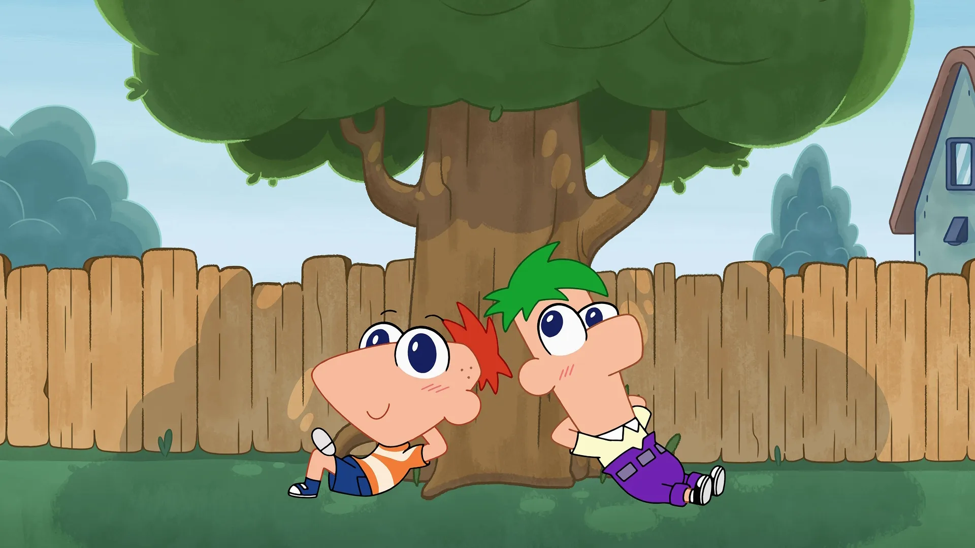 Phineas Flynn and Ferb Fletcher relaxing under a tree in Chibiverse