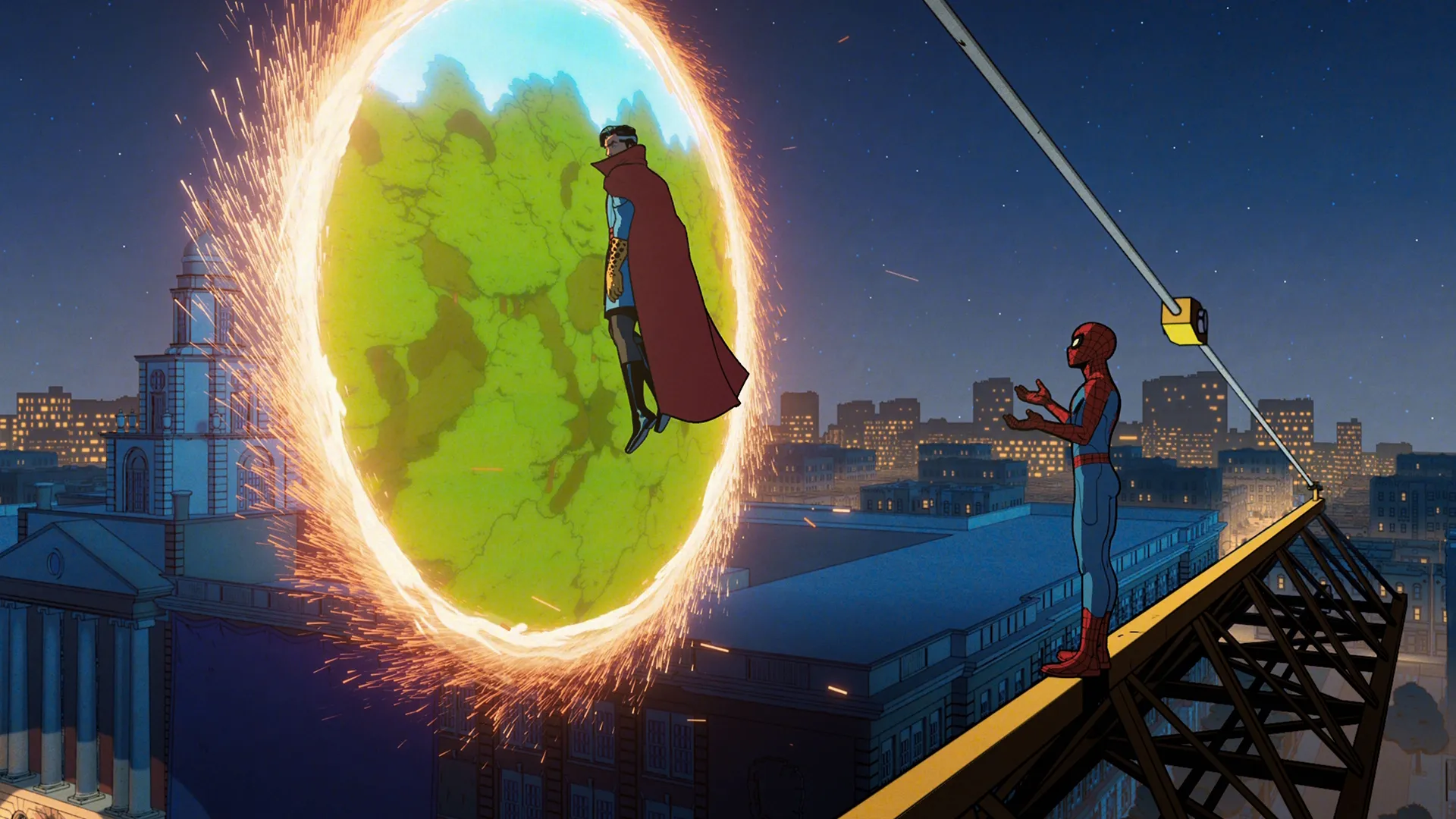 Spider-Man talks with Dr. Strange on a rooftop as Strange prepares to enter a portal.