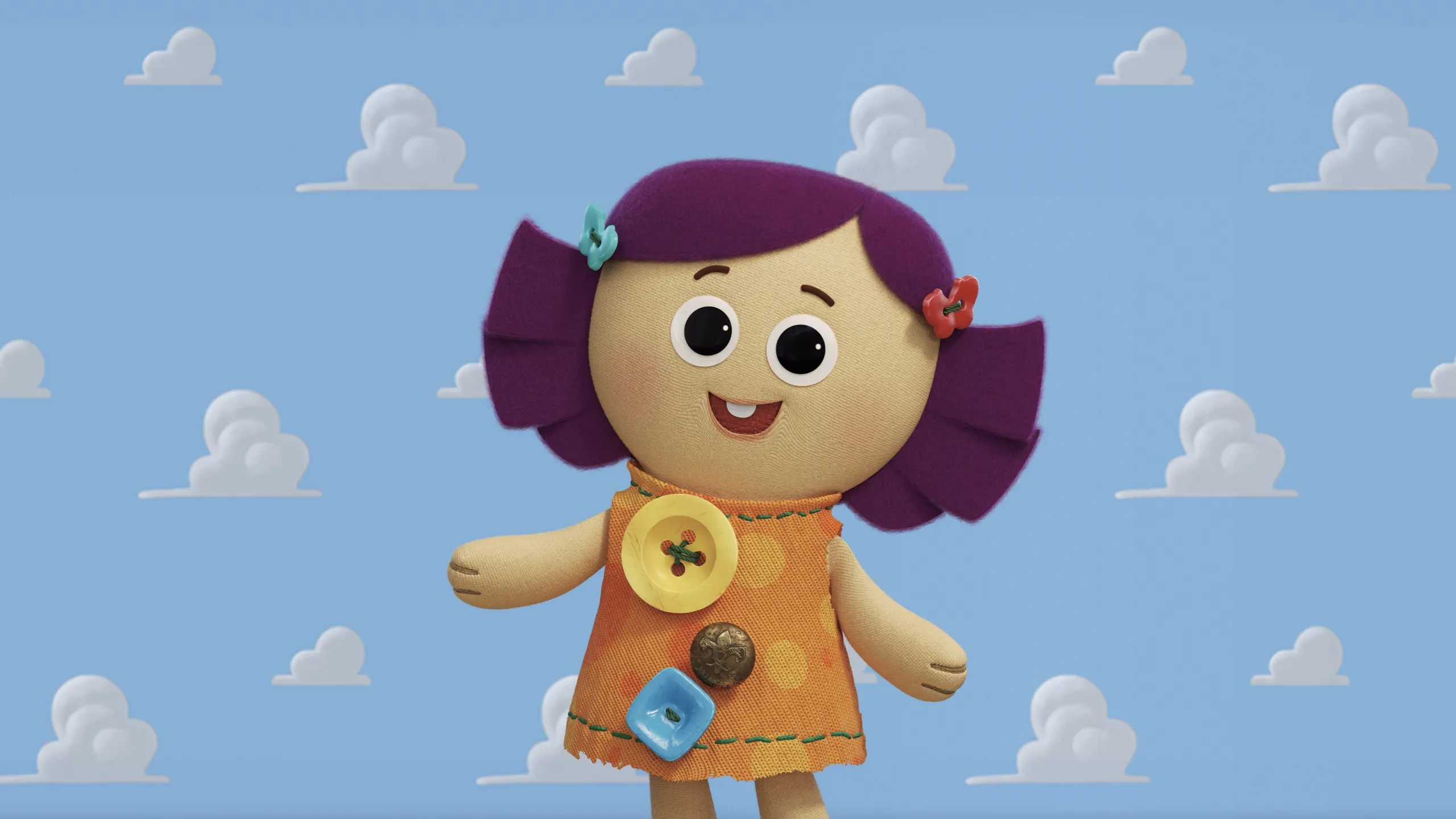 A soft rag doll with purple hair wearing an orange dress with large buttons on it