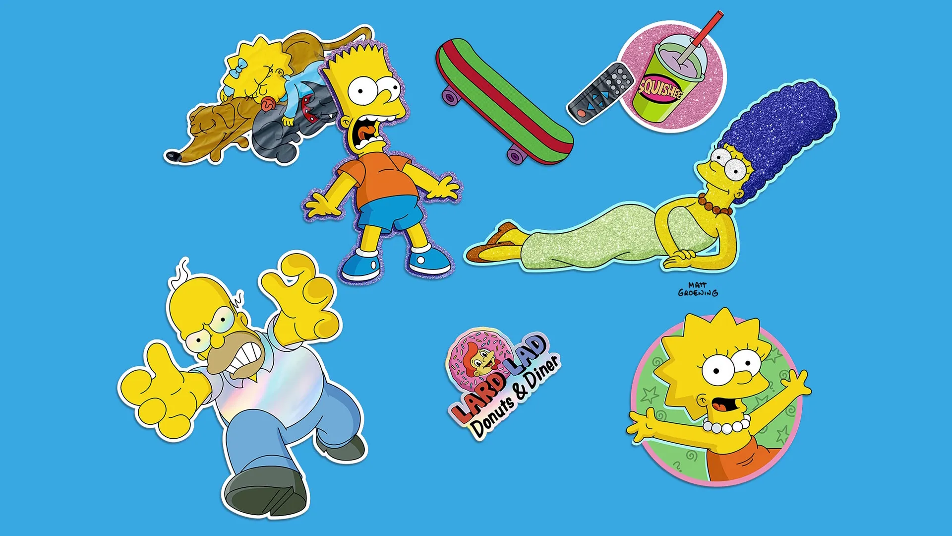 This image features glittery character and icon sticker graphics from the animated television series The Simpsons.