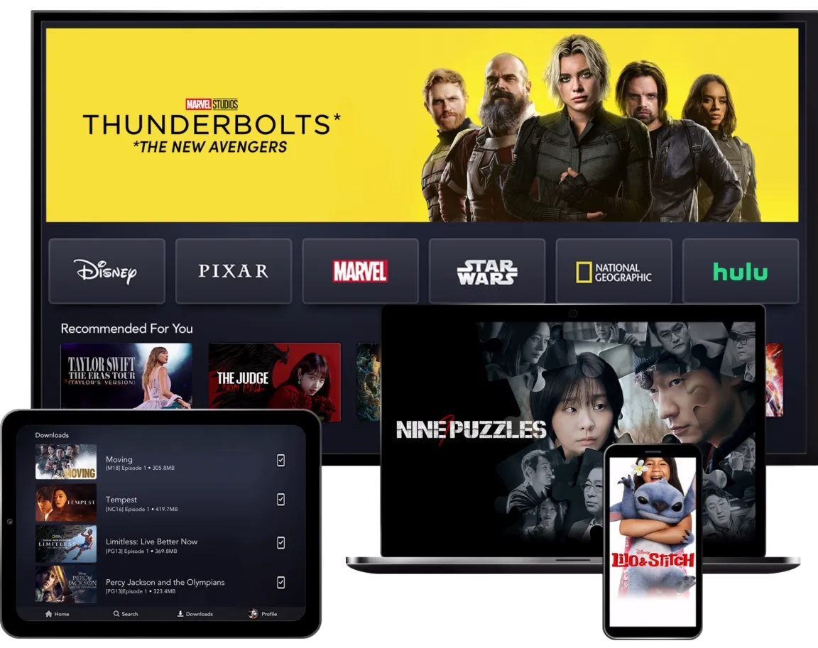 4 Devices showcasing the Disney+ product on TV, Mobile, Laptop, and Tablet