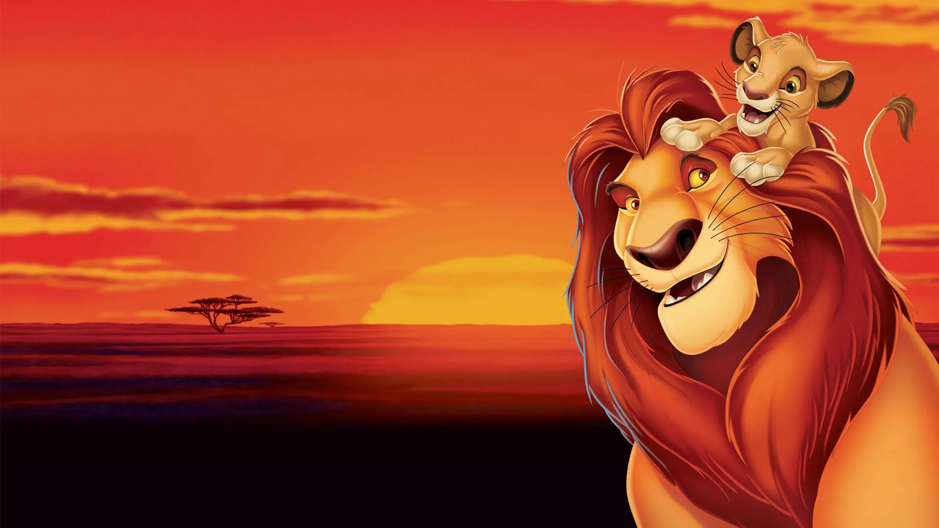 Una icónica imagen promocional animada de El rey león muestra a Mufasa (James Earl Jones) con una cálida sonrisa mientras un joven Simba (Jonathan Taylor Thomas), juguetón, se sienta feliz sobre su tupida melena castaña rojiza, contra la enorme sabana africana de fondo, con una acacia cuya silueta se recorta en un vibrante atardecer anaranjado