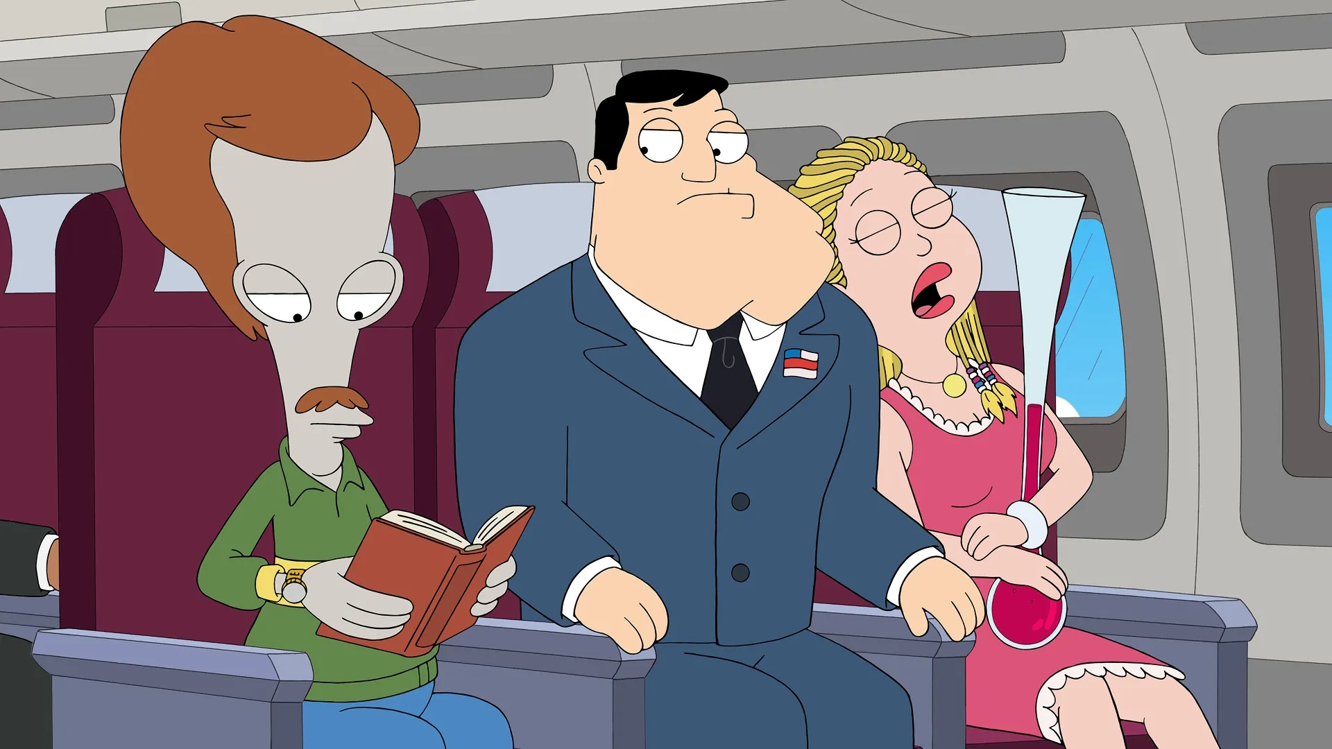 Stan (Seth MacFarlane) Francine (Wendy Schaal) and Roger (Seth MacFarlane) on a plane in American Dad! - Francine is sleeping and Roger is ready a book