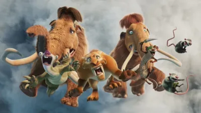 A manada de A Era do Gelo: Mundo de Lava, incluindo Manny, Sid, Diego, Ellie e Buck.
