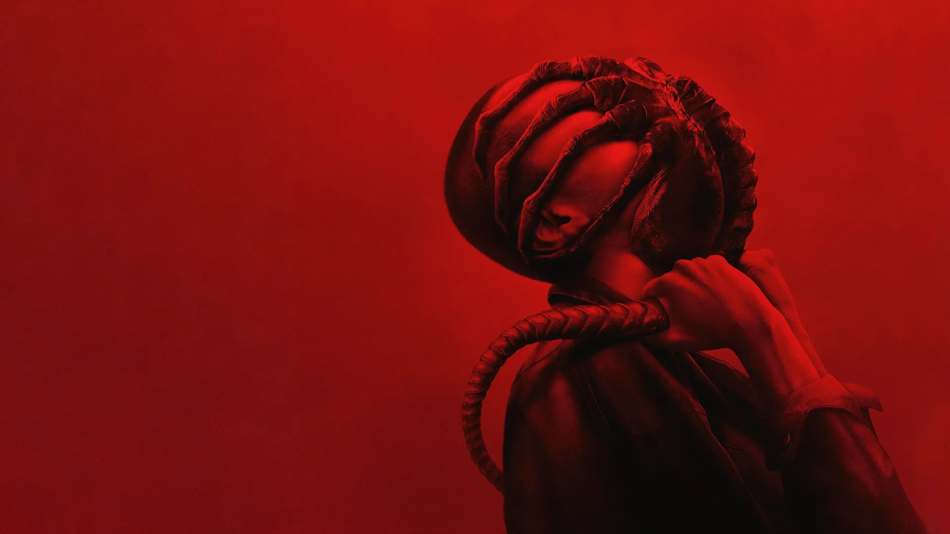 Key art for Alien: Romulus showing a facehugger attached to a person.