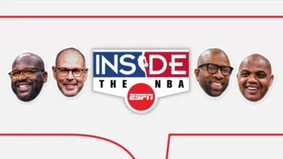 Inside the NBA key art, featuring faces of Ernie Johnson and analysts Charles Barkley, Shaquille O'Neal, and Kenny Smith