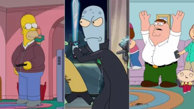 An image split into three parts featuring Homer Simpson from The Simpsons, Korvo from Solar Opposites, and Peter Griffin from Family Guy