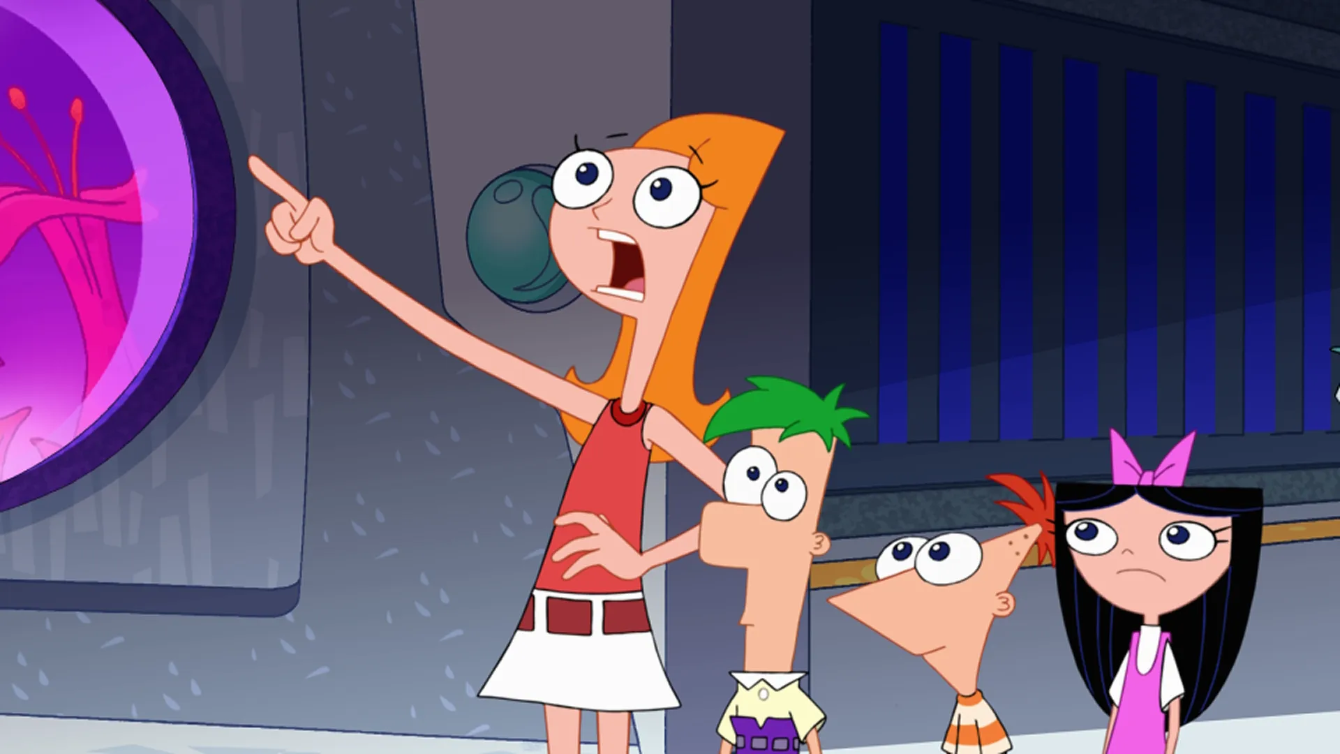 Candace (voiced by Ashley Tisdale) points to the sky in shock alongside Ferb (voiced by Thomas Brodie-Sangster), Phineas (voiced by Vincent Martella), and Isabella (voiced by Alyson Stoner)