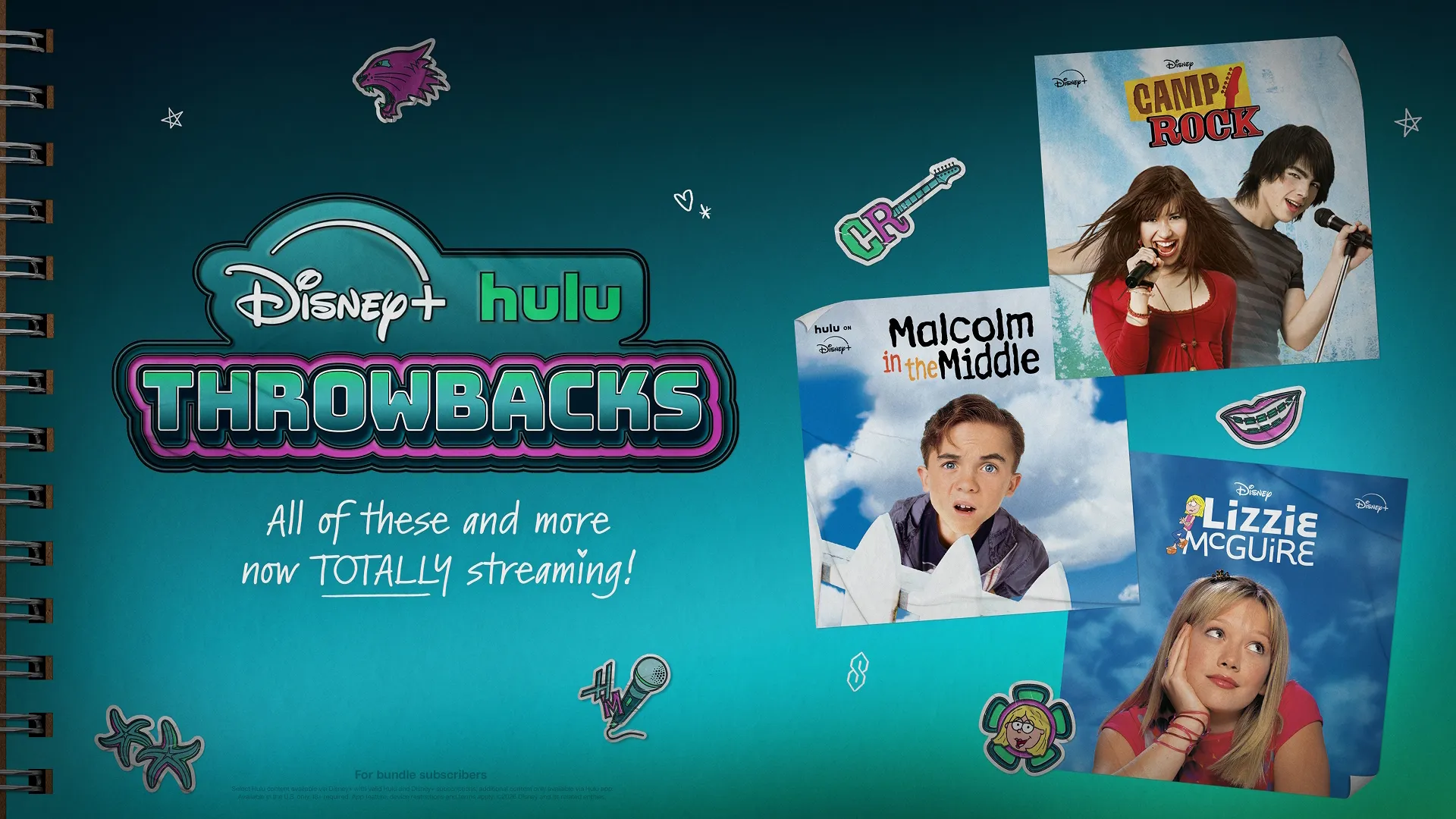 A promotional graphic for Disney+ and Hulu features a teal notebook background advertising "Disney+ Hulu Throwbacks" with promotional posters for Camp Rock, Malcolm in the Middle, and Lizzie McGuire.
