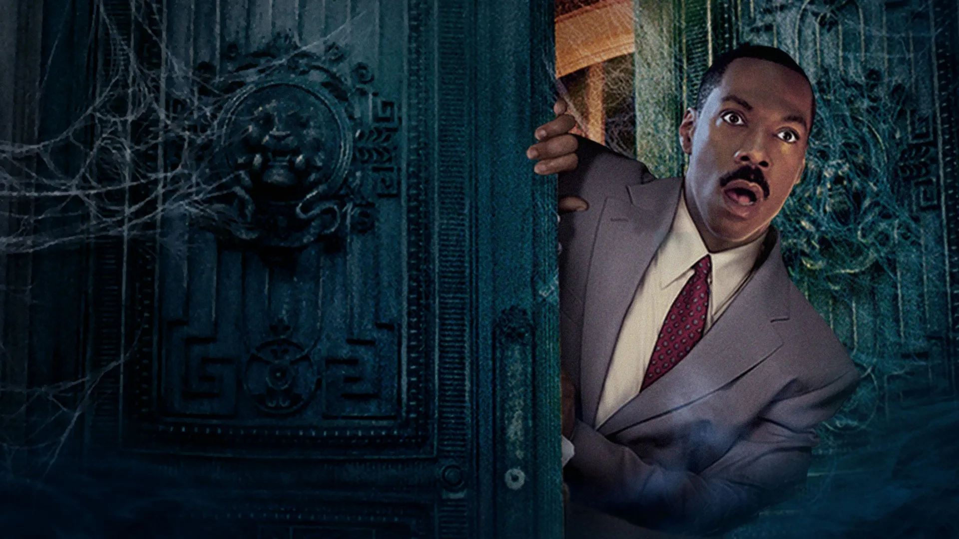 Promotional art for The Haunted Mansion (2003) featuring Eddie Murphy peering from behind a door with a look of shock.