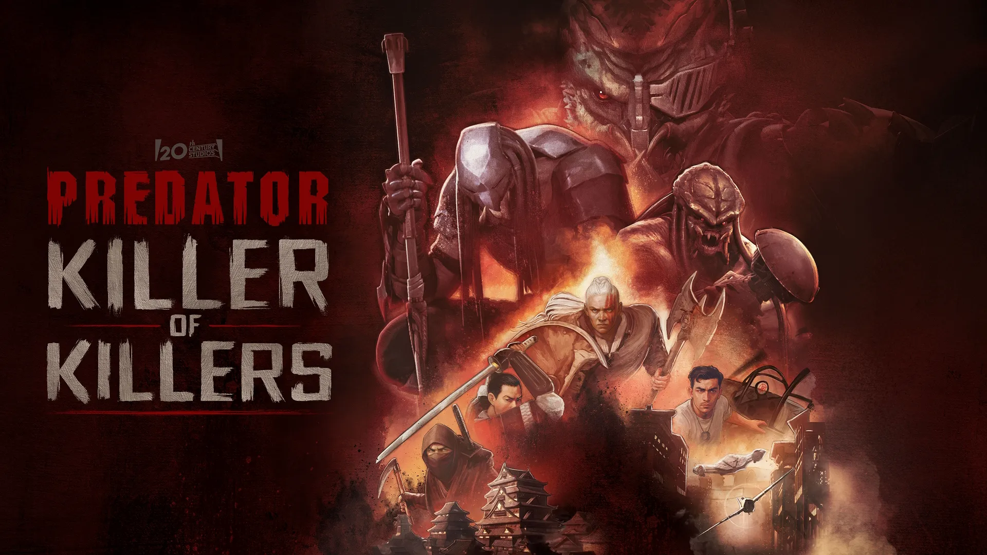 A promotional image for Predator: Killer of Killers featuring the movie logo and a variety of characters