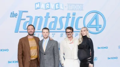The cast of "The Fantastic Four: First Steps" (Ebon Moss-Bachrach, Joseph Quinn, Pedro Pascal, Vanessa Kirby) at the Blue Carpet premiere.