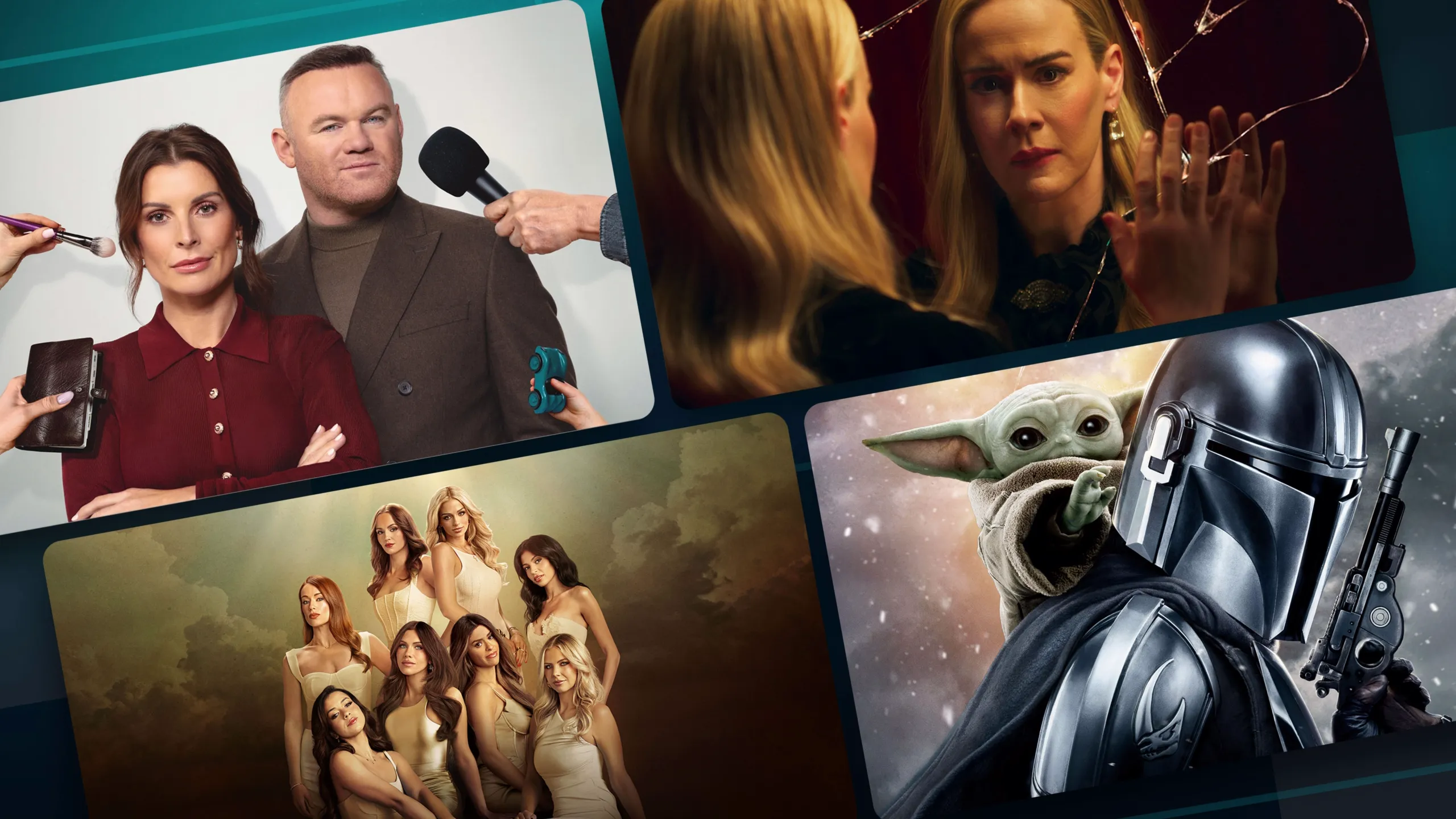 A grid of streaming platform tiles features promotional artwork for various television shows and films, including Meet The Rooneys, FX’s American Horror Story, The Secret Lives of Mormon Wives and Star Wars: The Mandalorian and Grogu