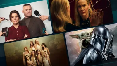A grid of streaming platform tiles features promotional artwork for various television shows and films, including Meet The Rooneys, FX’s American Horror Story, The Secret Lives of Mormon Wives and Star Wars: The Mandalorian and Grogu
