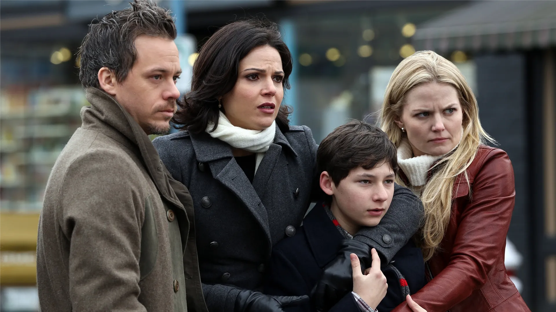 Neal Cassidy (Michael Raymond-James), Regina Mills (Lana Parrilla), Henry Mills (Jared S. Gilmore), and Emma Swan (Jennifer Morrison) in Once Upon a Time