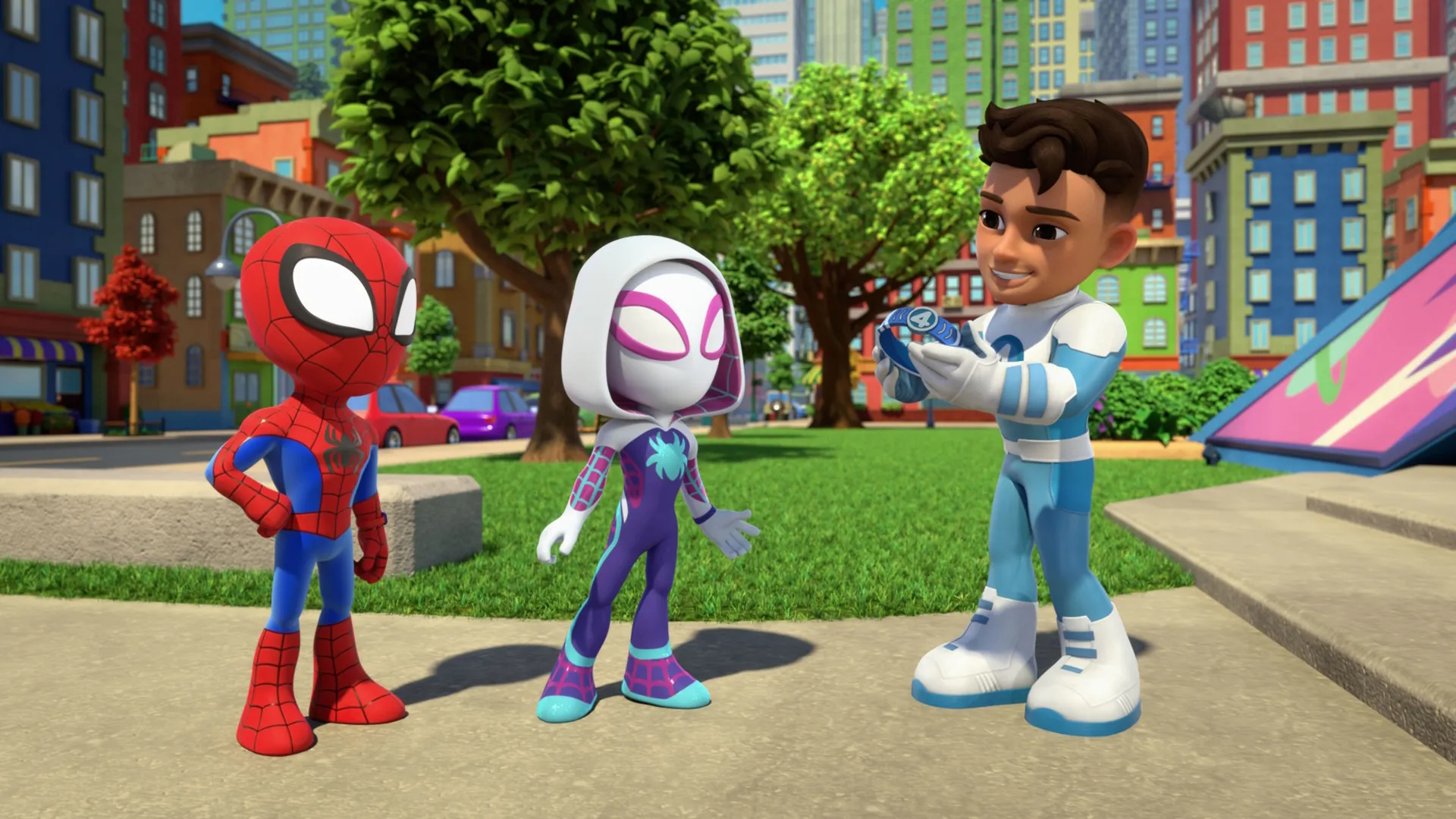  Peter Parker (Spidey) and Gwen Stacy (Ghost-Spider) talking with Mr. Fantastic (Reed Richards) in Season 5 of Marvel's Spidey and His Amazing Friends
