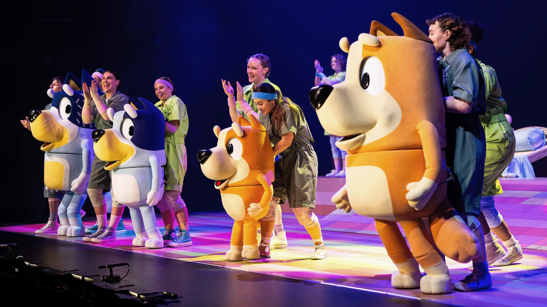 Actors on a theater stage puppeteer large-scale costumes of Bandit, Bluey, Bingo, and Chilli during a live-action Bluey's Big Play performance.