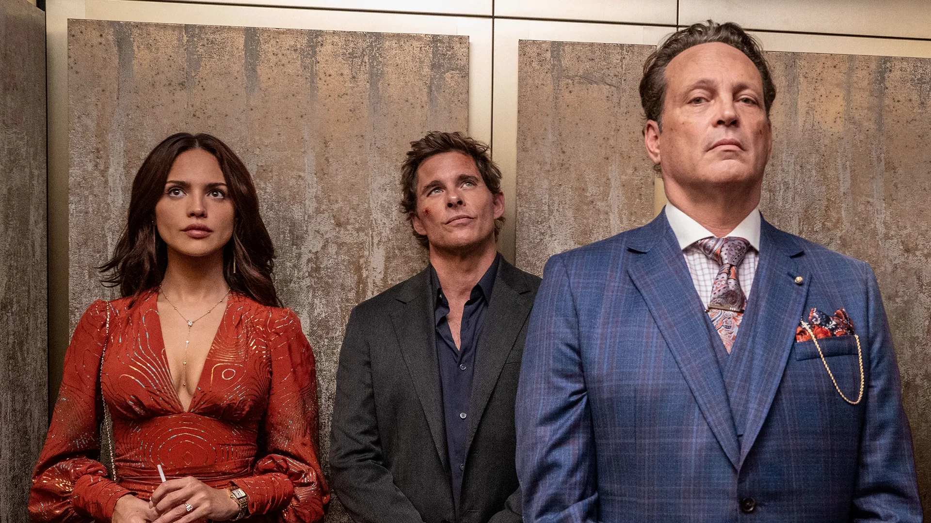 Eiza González, James Marsden, and Vince Vaughn from the 2026 film Mike & Nick & Nick & Alice.