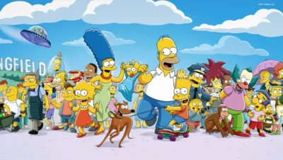The Simpson family and a crowd of other Springfield residents.