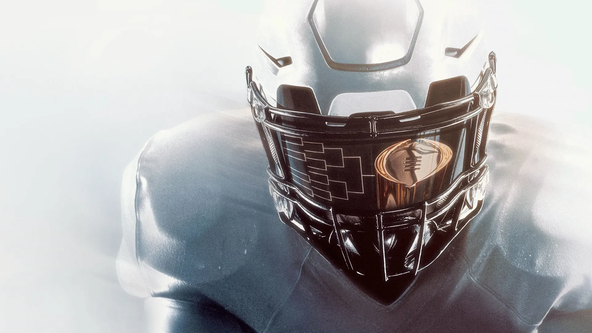 Promotional image for Inside the College Football Playoff depicting a stylized football player with the College Football Playoff logo reflected in the visor of the helmet.