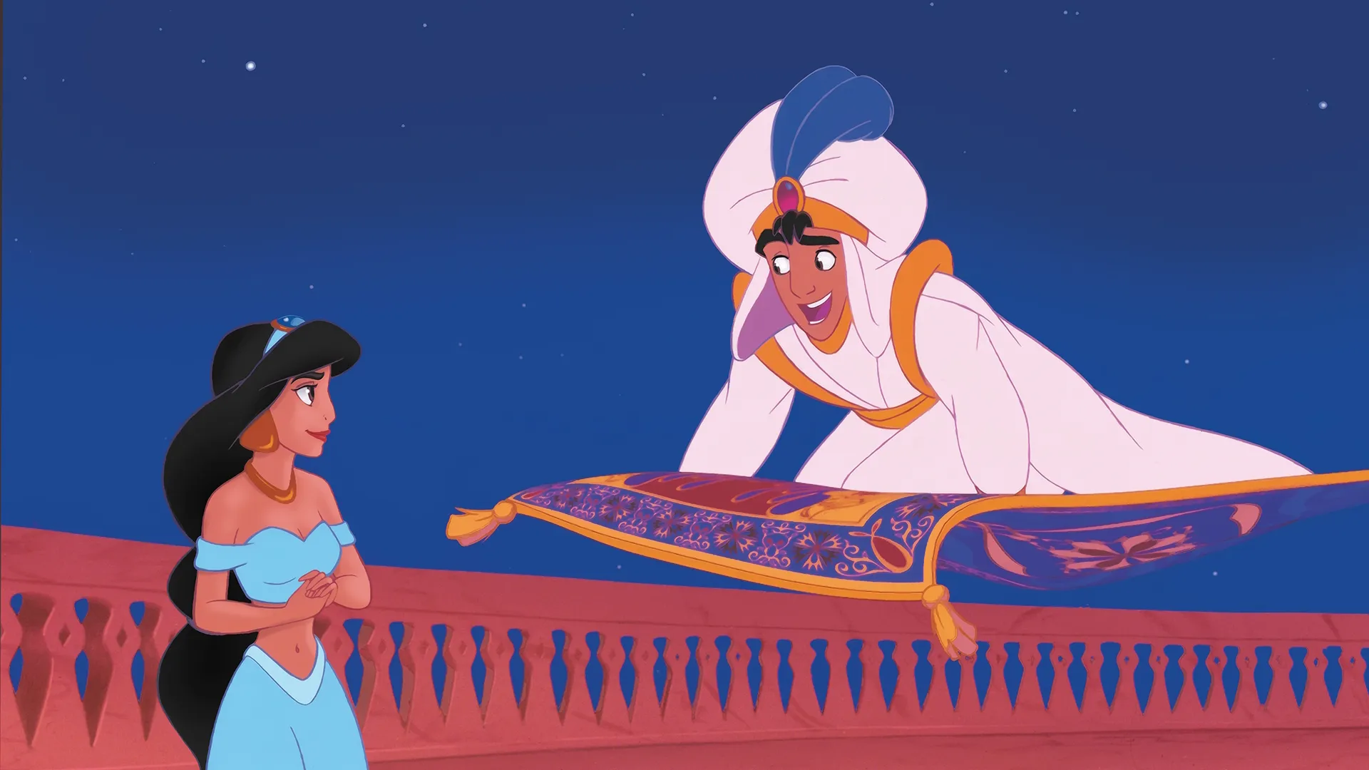 Aladdin riding the magic carpet up to Jasmine's balcony in Aladdin (1992)
