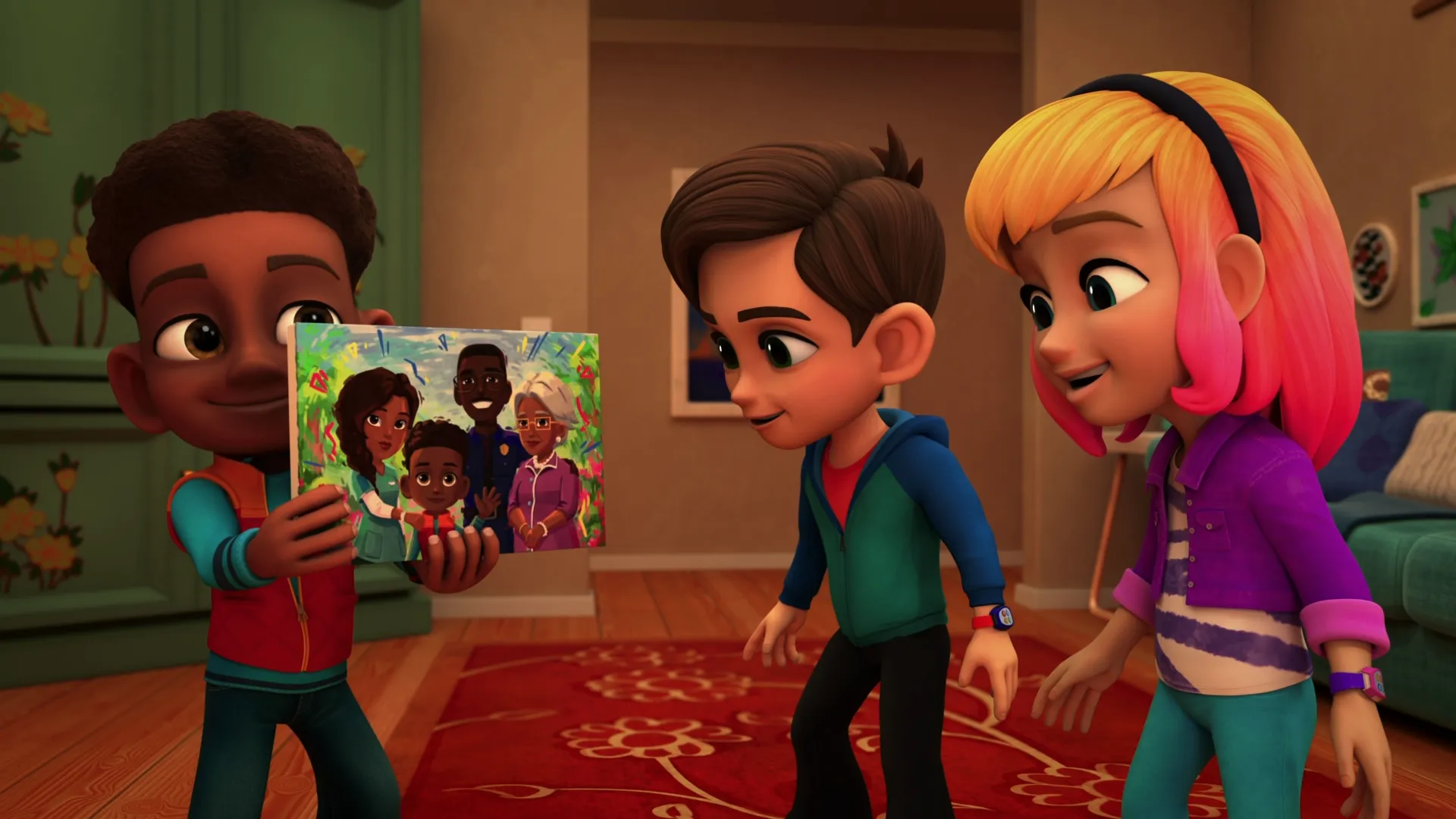 Miles holds up a photo of his family for Peter and Gwen to see