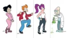 Side-by-side character images of Amy Wong, Fry, Leela, and Professor Farnsworth from Futurama