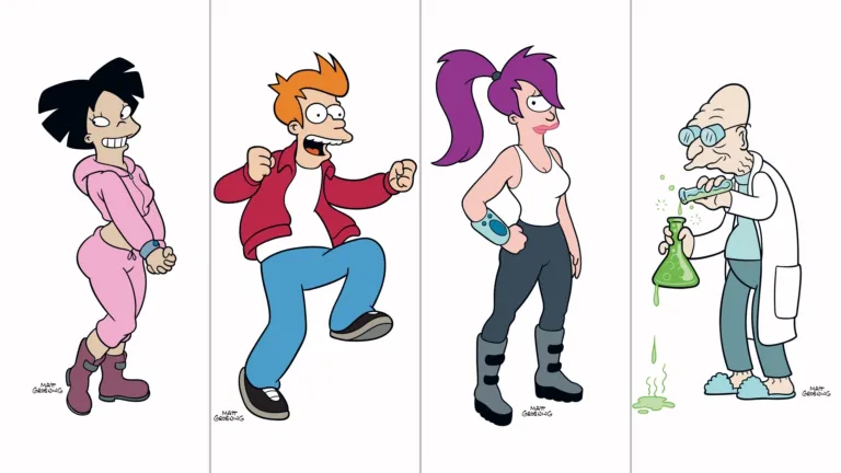 Side-by-side character images of Amy Wong, Fry, Leela, and Professor Farnsworth from Futurama