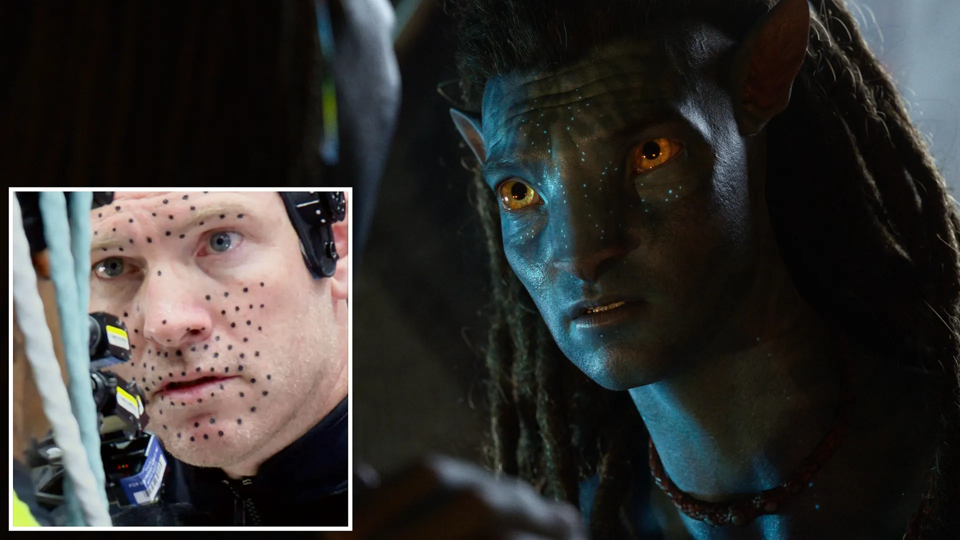 A picture of Sam Worthington in CGI gear, superimposed on an image of his Na'vi character