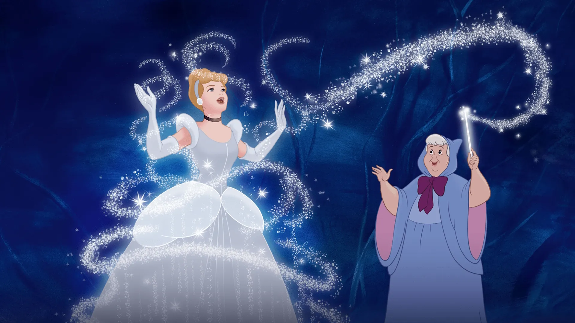 Cinderella as her clothes transform into a ball gown in Cinderella (1950)