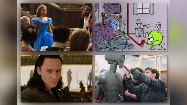 Disney作品の映像や制作の舞台裏を紹介するコラージュ画像。シンデレラの実写映画のワンシーン、『モンスターズ・ユニバーシティ』のアニメーション制作過程、『マイティ・ソー』シリーズのロキ、ロボットの造形制作を行うスタッフの様子が並んでいる。Disney作品の制作現場やクリエイティブプロセスを表現したデザイン。