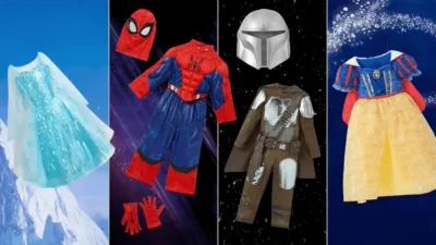 Selection of Halloween Costumes available in the Disney Store including Elsa (Frozen), Spider-Man, Darth Vader (Star Wars) and Snow White.
