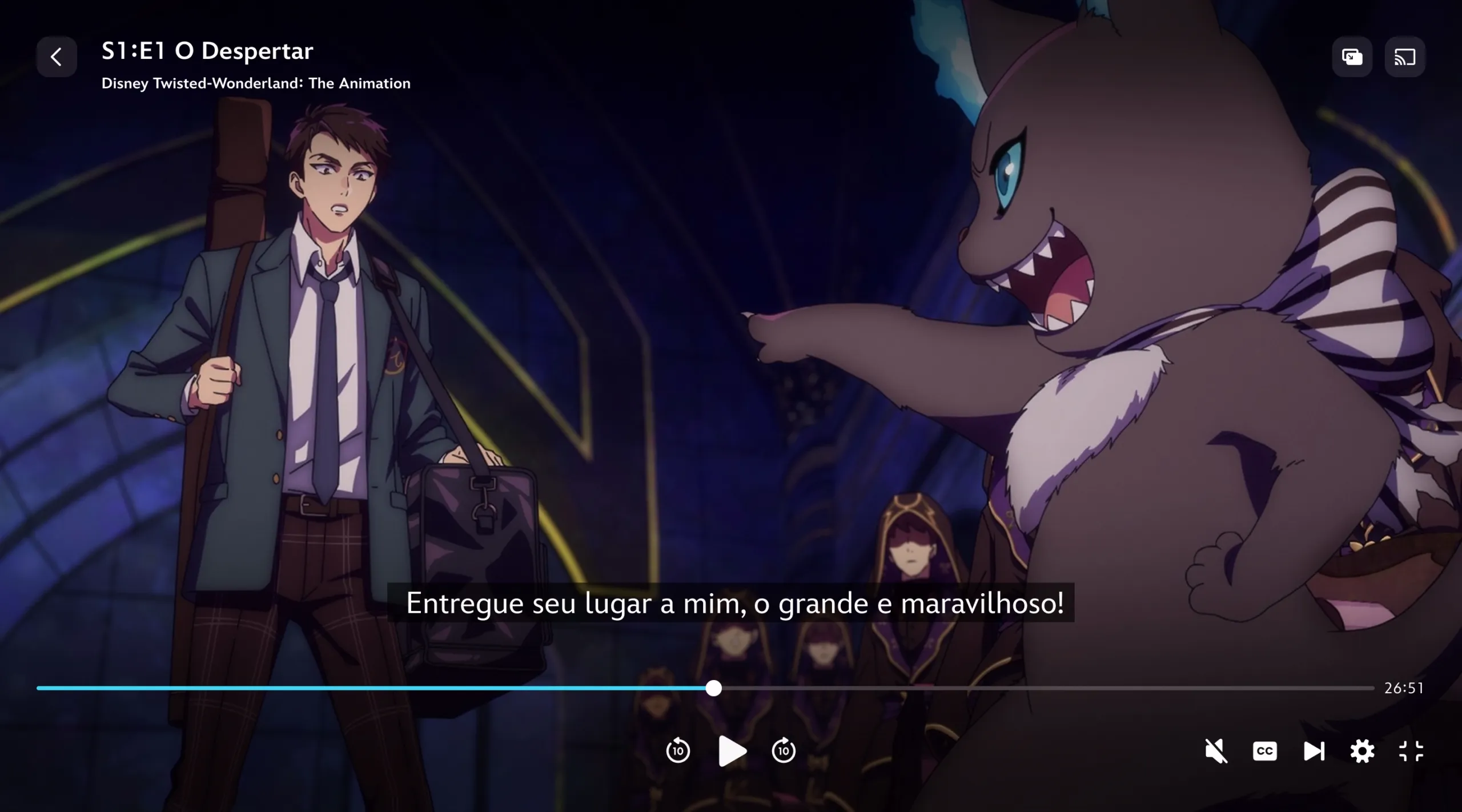 Uma cena de Disney Twisted-Wonderland: A Série com legendas corrigidas para inglês.