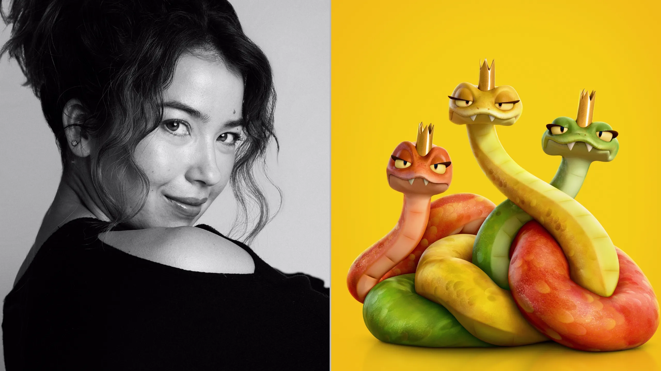 The image features Nichole Sakura, the voice of Reptile Queens in Hoppers, Pixar, Disney+