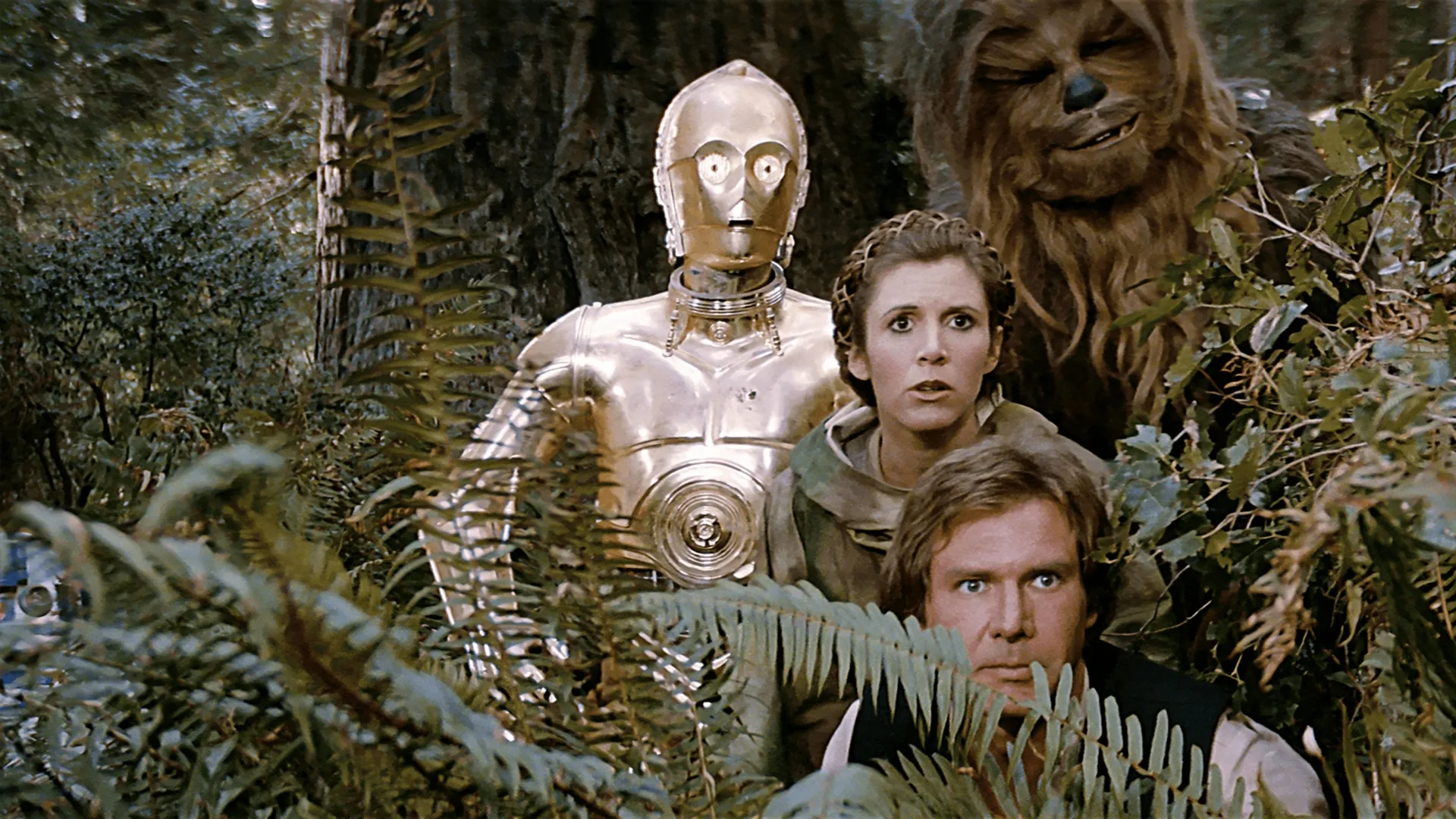 C-3PO, Chewbacca, Princesa Leia (Carrie Fisher) e Han Solo (Harrison Ford) em Star Wars: O Retorno de Jedi